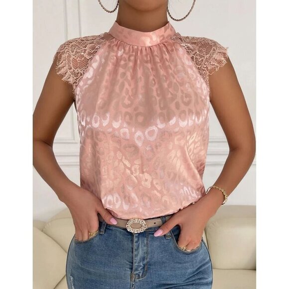 Leopard Elegant Dusty Pink Contrast Lace Satin Blouse - Picture 5 of 6